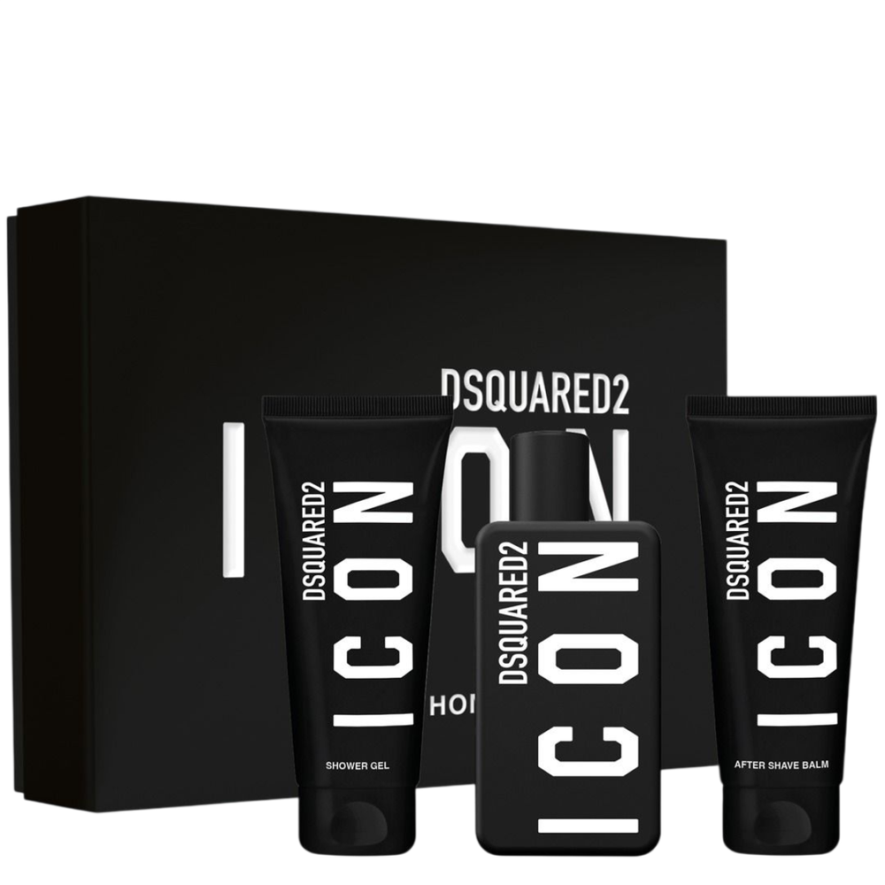 „Dsquared2“ rinkinys „Dsquared 2“: „Icon“ vyriškas kvapusis vanduo, 100 ml + „Icon“ dušo želė visiems odos tipams, 100 ml + „Icon“ drėkinamasis balzamas po skutimosi, 100 ml