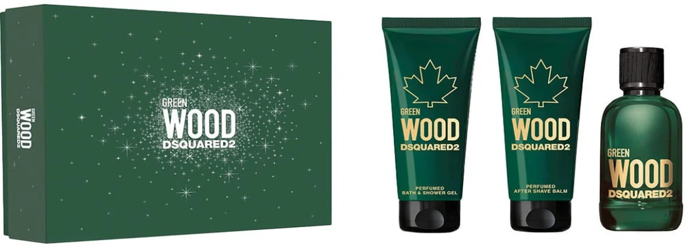 Dsquared2 Žalias Wood rinkinys vyrams (EDT, 100 ml + dušo želė, 100 ml + balzamas po skutimosi, 100 ml)