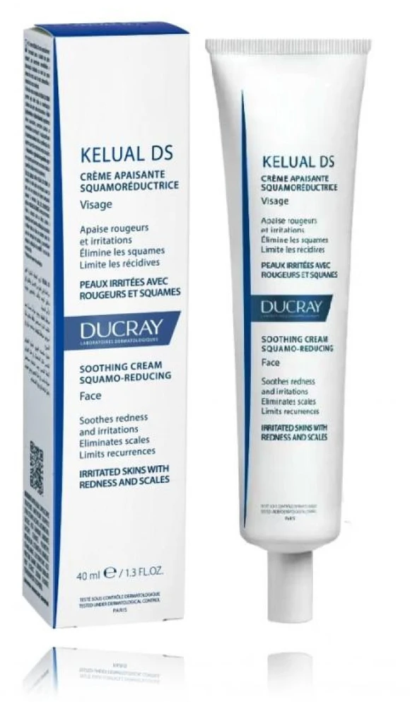 Ducray Kelual DS Squamo-Reducing Soothing Kreminis raminantis veido kremas sudirgusiai odai su paraudimu ir pleiskanojimu, 40 ml