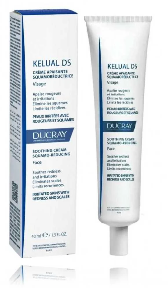 Ducray Kelual DS Squamo-Reducing Soothing Kreminis raminantis veido kremas sudirgusiai odai su paraudimu ir pleiskanojimu, 40 ml
