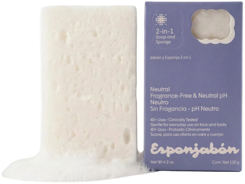 Esponjabon neutralus bekvapis valomasis ir šveičiamasis masažinis muilo kietukas veidui ir kūnui, 120 g