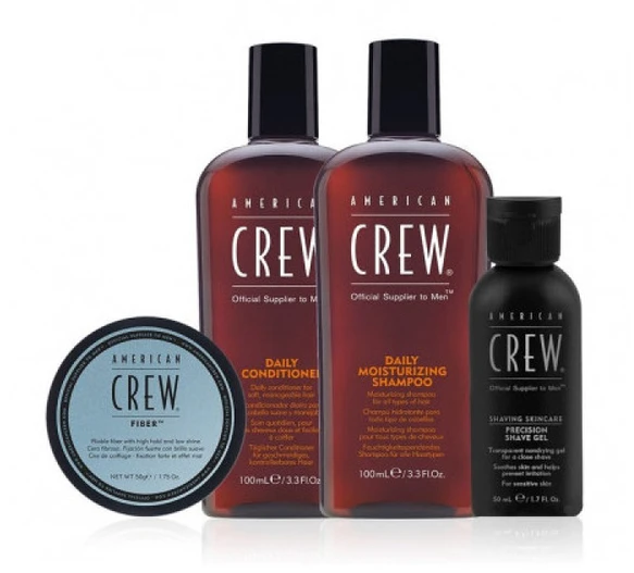 „Essential Set American Crew“ rinkinys: kasdienis drėkinamasis plaukų kondicionierius, 100 ml + kasdienis drėkinimo šampūnas, 100 ml + stiprios fiksacijos plaukų formavimo pomada, 50 ml + raminamasis skutimosi gelis „Precision“, 50 ml