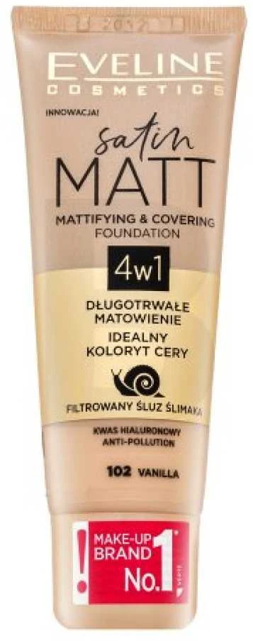 „Eveline Cosmetics Eveline Satin Matt“ matinį efektą suteikiantis ir maskuojantis makiažo pagrindas 4in1, 102 Vanilla, 30 ml