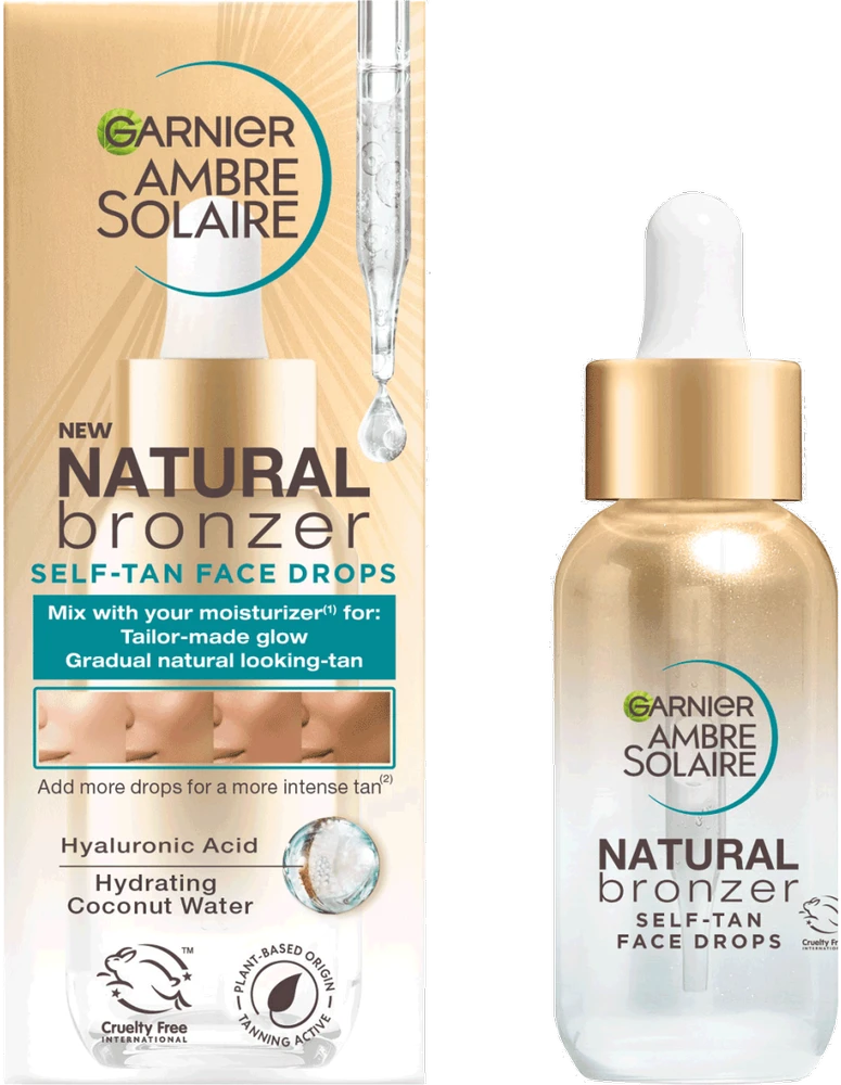 Garnier Ambre Solaire Natural Bronzer Self-Tan Face Drops savaiminio įdegio lašai veidui, 30 ml