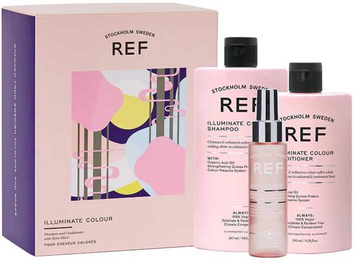 Ref Stockholm Dovanų dėžutės rinkinys REF: „Illuminate Colour“ plaukų šampūnas be sulfatų stiprinimui, 285 ml + „Illuminate Colour“ plaukų kondicionierius be sulfatų maitina ir stiprina plaukų atspalvį, 245 ml + „Eliksyras“ plaukų serumas, suteikiantis blizgesio, 80 ml