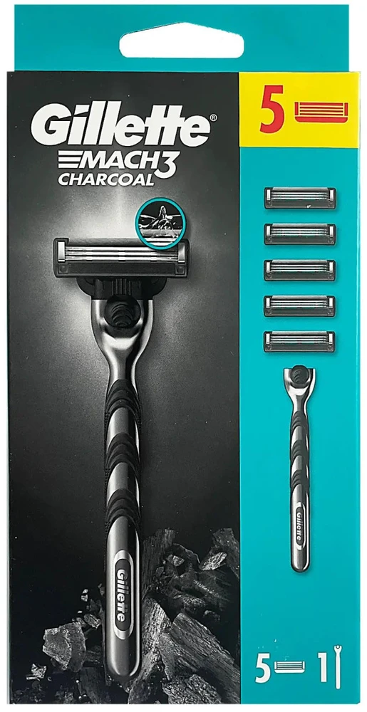 Gillette Mach3 Charcoal Skustuvas Vyrams, 1 Gillette Skustuvas + 5 Keičiamos Galvutės