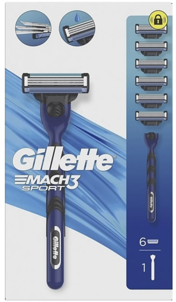 Gillette Mach3 Sport Razor + Spare Heads skustuvas ir keičiamos galvutės, 6 vnt.