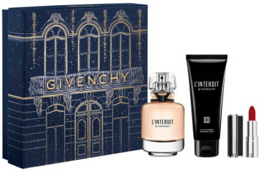 Givenchy L'Interdit rinkinys moterims (EDP, 50 ml + kūno losjonas, 75 ml + lūpų dažai Le Rouge Interdit Intense Silk 1,5 g 333)