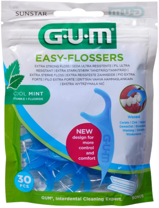 GUM Sunstar Easy Flossers Cool Mint Vit-E Fluor tarpdančių valymo priemonė 30 vienetų