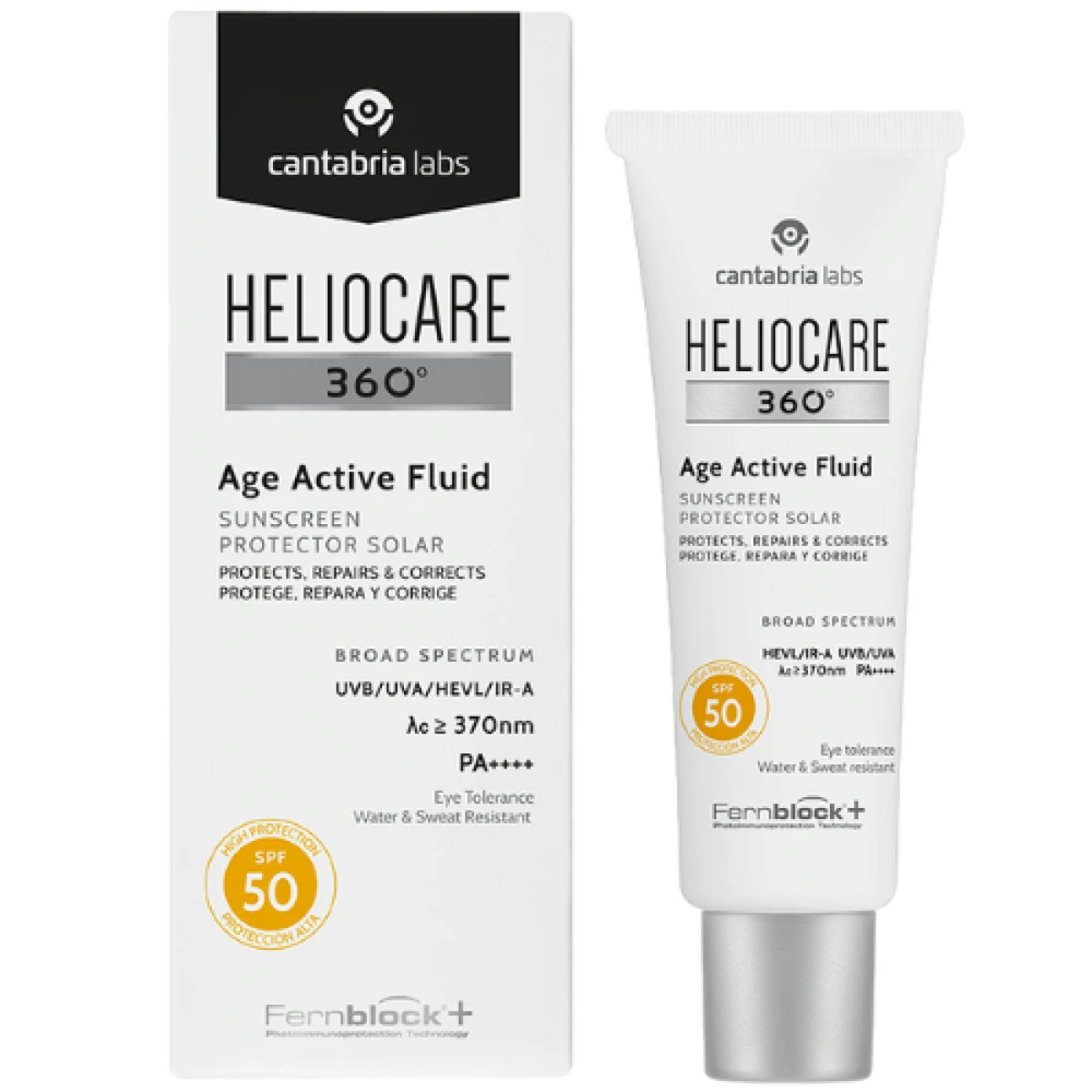 Senėjimą lėtinančio poveikio fluidas nuo saulės Heliocare 360° Age Active Fluid SPF50, 50 ml