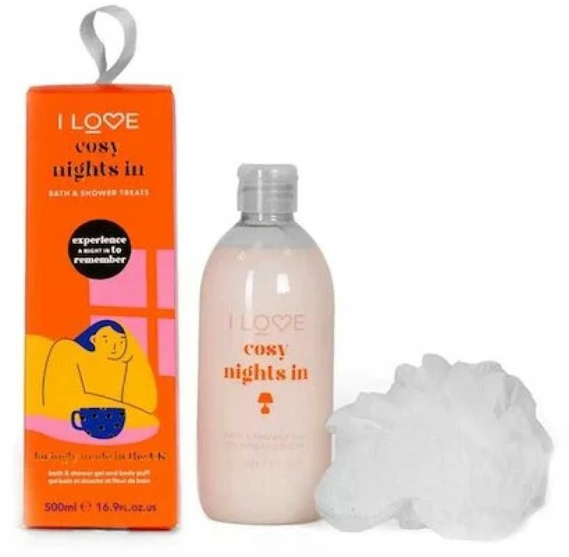 Rinkinys „I Love“: „Cosy Night's Hydrating Dušo želė visiems odos tipams“, 500 ml + „I Love“ kūno kempinėlė