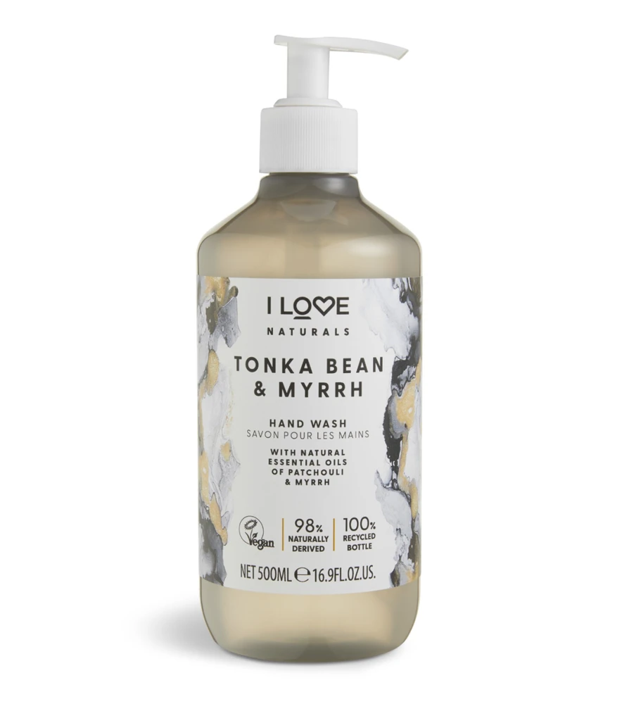 „I Love Naturals Collection“ skystas muilas rankoms su tonka pupelėmis ir mira, 500 ml