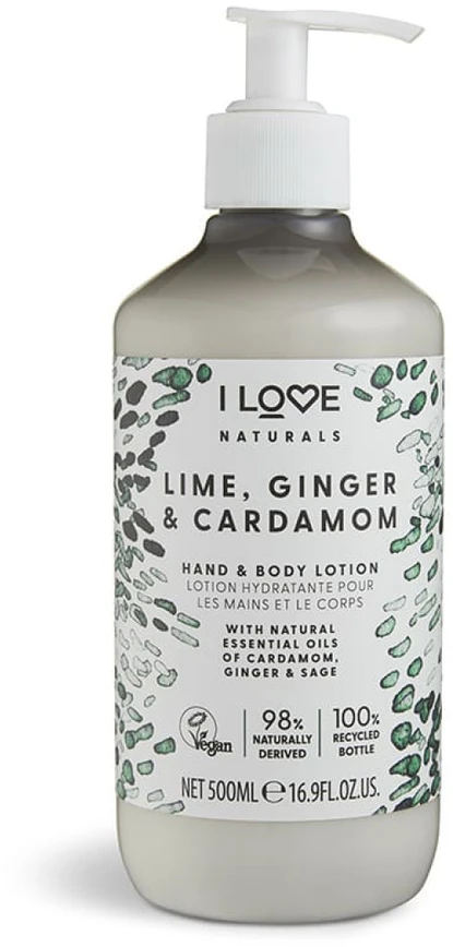 „I Love Naturals Collection“ veganiškas drėkinamasis laimo, imbiero ir kardamono losjonas rankoms ir kūnui, 500 ml