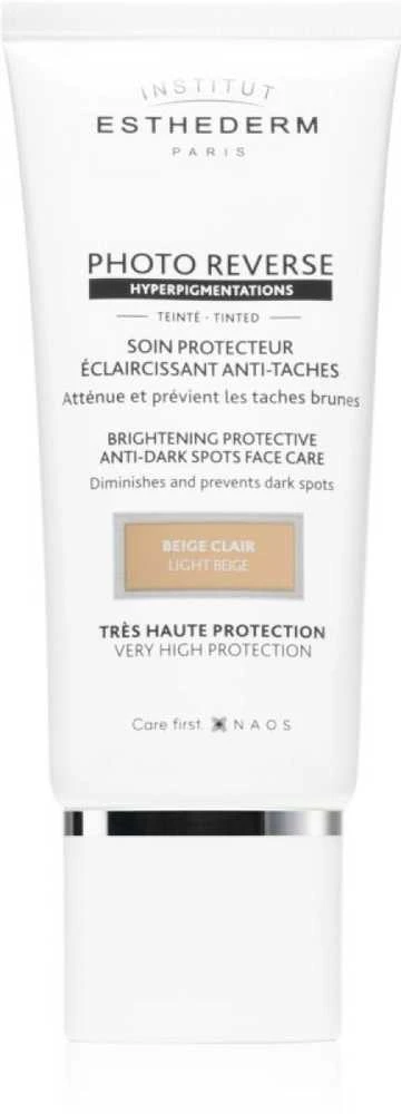 Institut Esthederm Photo Reverse Light rusvai gelsvas apsauginis kremas nuo tamsių dėmių didelė apsauga nuo saulės 50ml