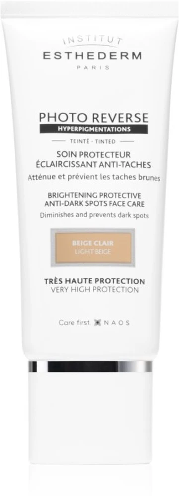 Institut Esthederm Photo Reverse Light rusvai gelsvas apsauginis kremas nuo tamsių dėmių didelė apsauga nuo saulės 50ml