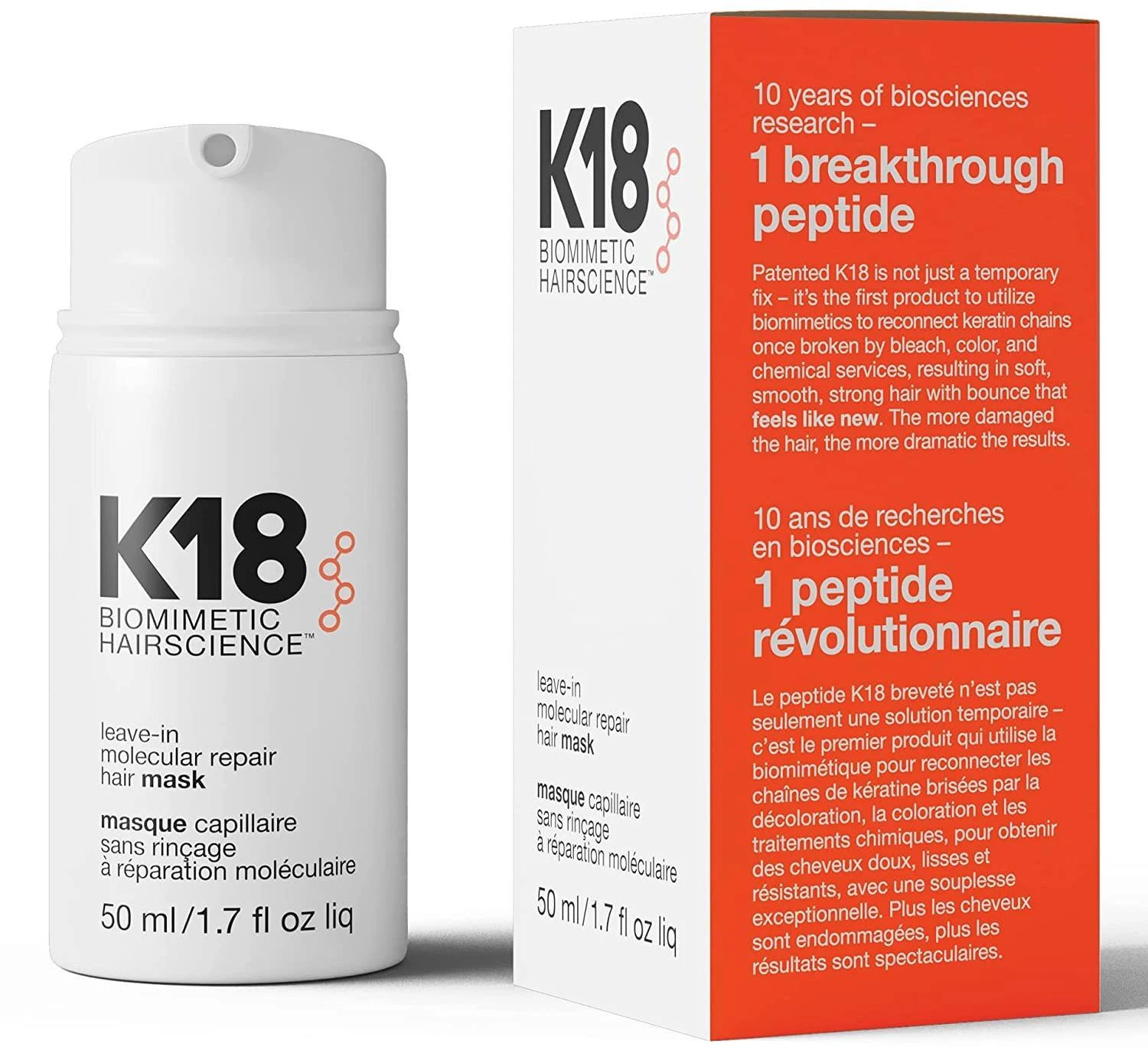 Nenuplaunama atkuriamoji plaukų kaukė K18 Leave-in Molecular Repair Hair Mask, 50 ml