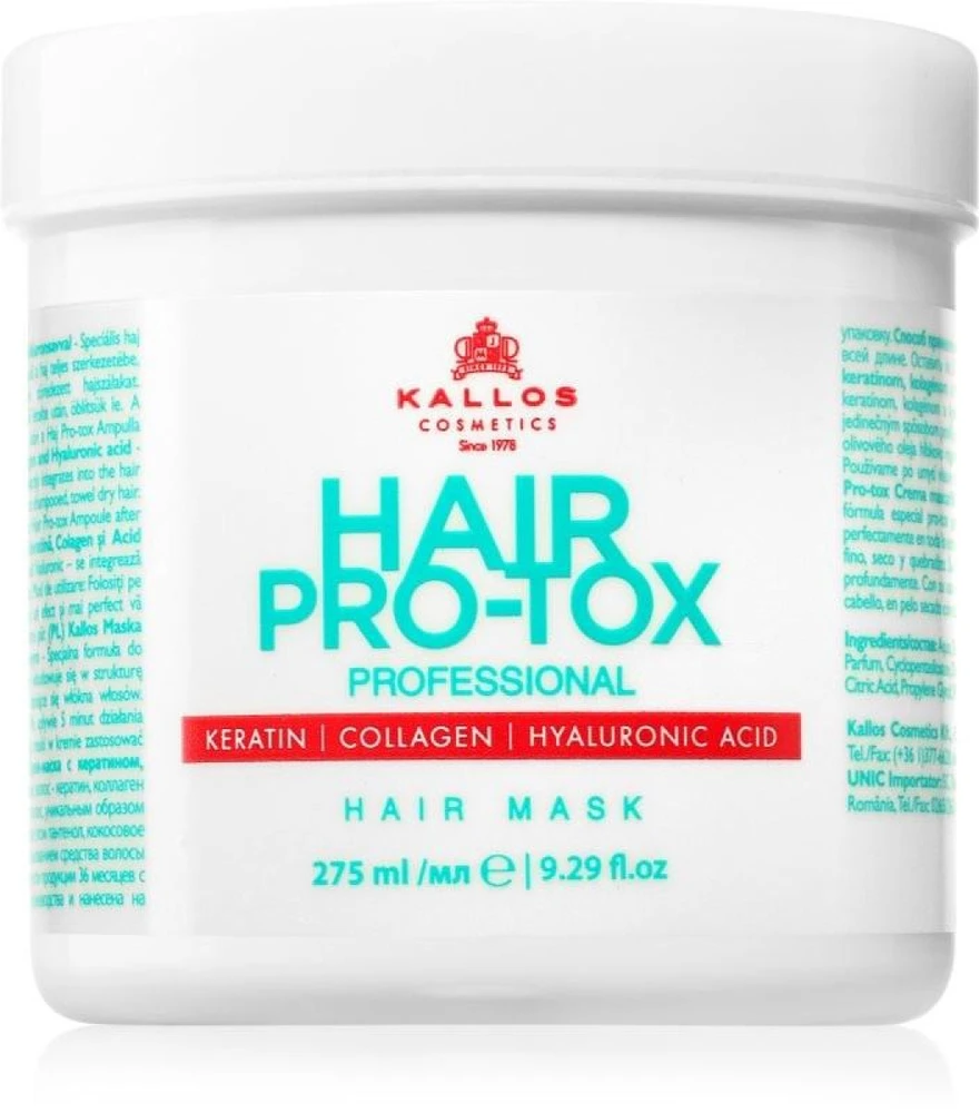 Kallos Cosmetics Hair Pro-Tox Plaukų kaukė kaukė silpniems ir pažeistiems plaukams, 275 ml