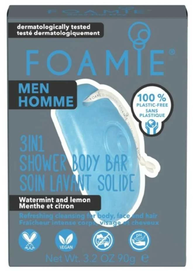 Kietasis prausiklis vyrams Foamie 3 in 1 Shower Body Bar For Men Seas the Day, su mėtomis ir citrina