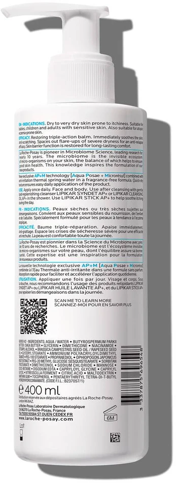 La Roche Posay Lipikar Baume AP+ Balzamas sausai ir atopinio dermatito pažeistai odai, 400 ml