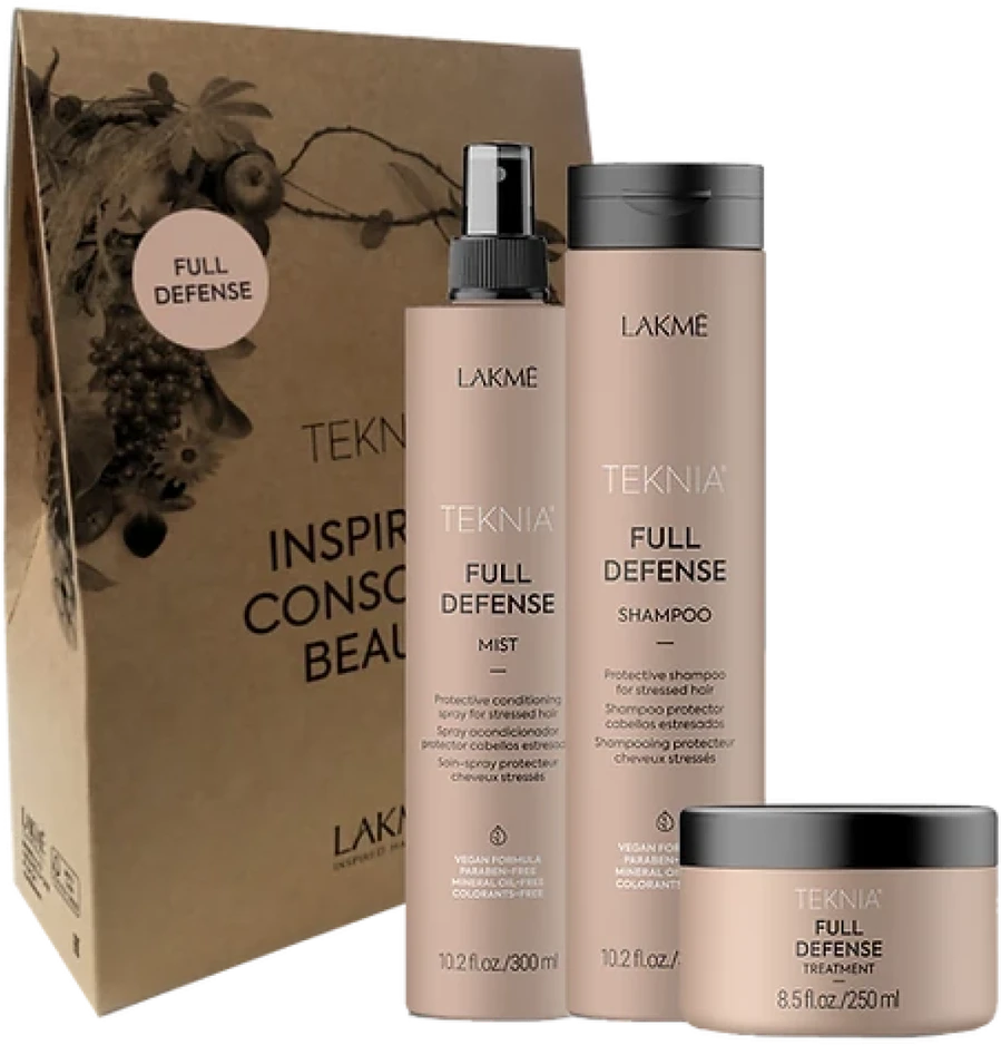 „Lakme Teknia Full Defense“ mažmeninė pakuotė: Šampūnas, 300 ml, Priemonė, 250 ml, Purškalas, 300 ml