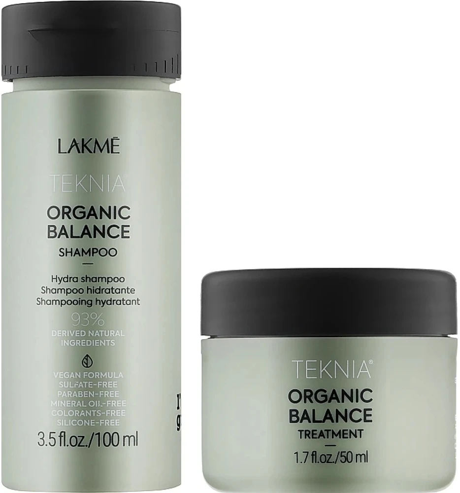 „Lakme Teknia“ kelioninis rinkinys „Organic Balance“: šampūnas, 100 ml + priemonės, 100 ml