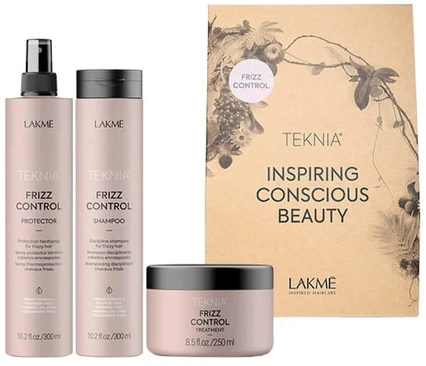 „Lakme TKN Frizz Control“ mažmeninė pakuotė: šampūnas, 300 ml + priemonė, 250 ml + apsauga, 300 ml
