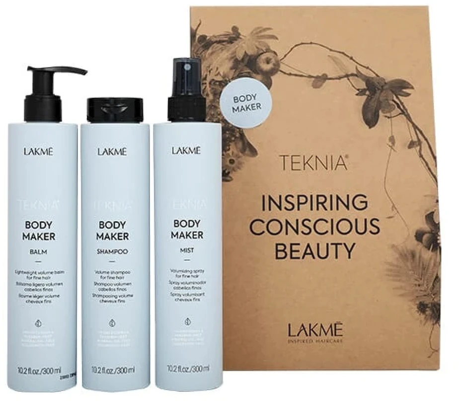 „Lakme Tkn“ kūno priežiūros priemonė mažmeninei pakuotei: šampūnas, 300 ml + balzamas, 300 ml + purškiklis, 300 ml