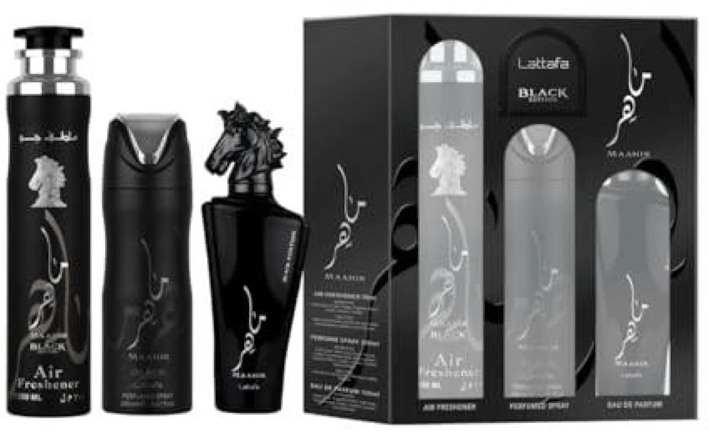 Lattafa Maahir Juodas Edition Giftset rinkinys unisex (EDP, 100 ml + dezodorantas, 200 ml + purškiamas namų kvapas, 300 ml)