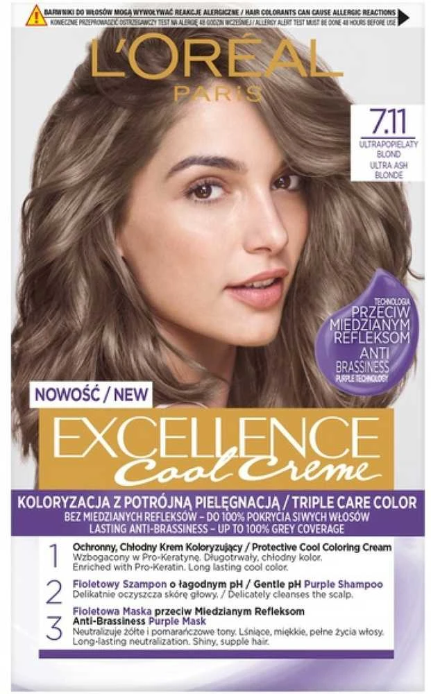 L'Oreal Excellence Cool Creme 7.11 dažų pakuotė su modeliu