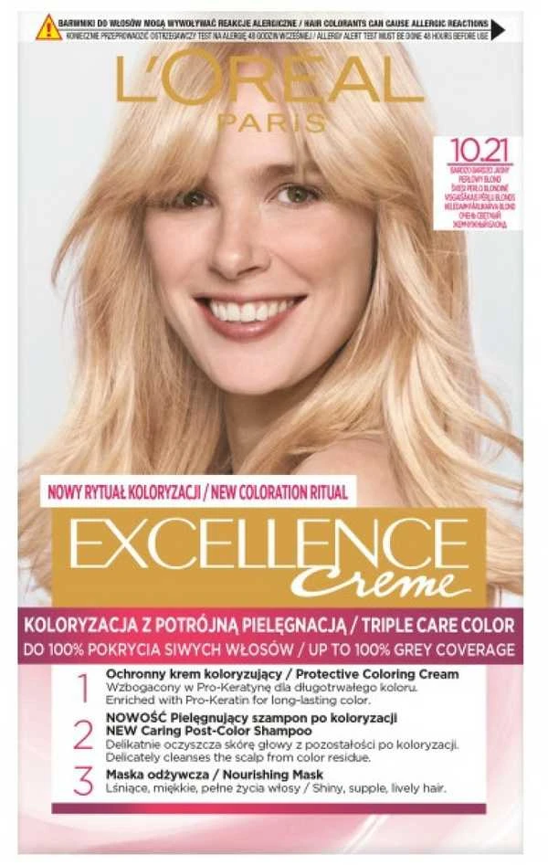 „L'Oreal Paris Excellence Creme“ 10.21 „Labai labai šviesi perlų blondinė“.