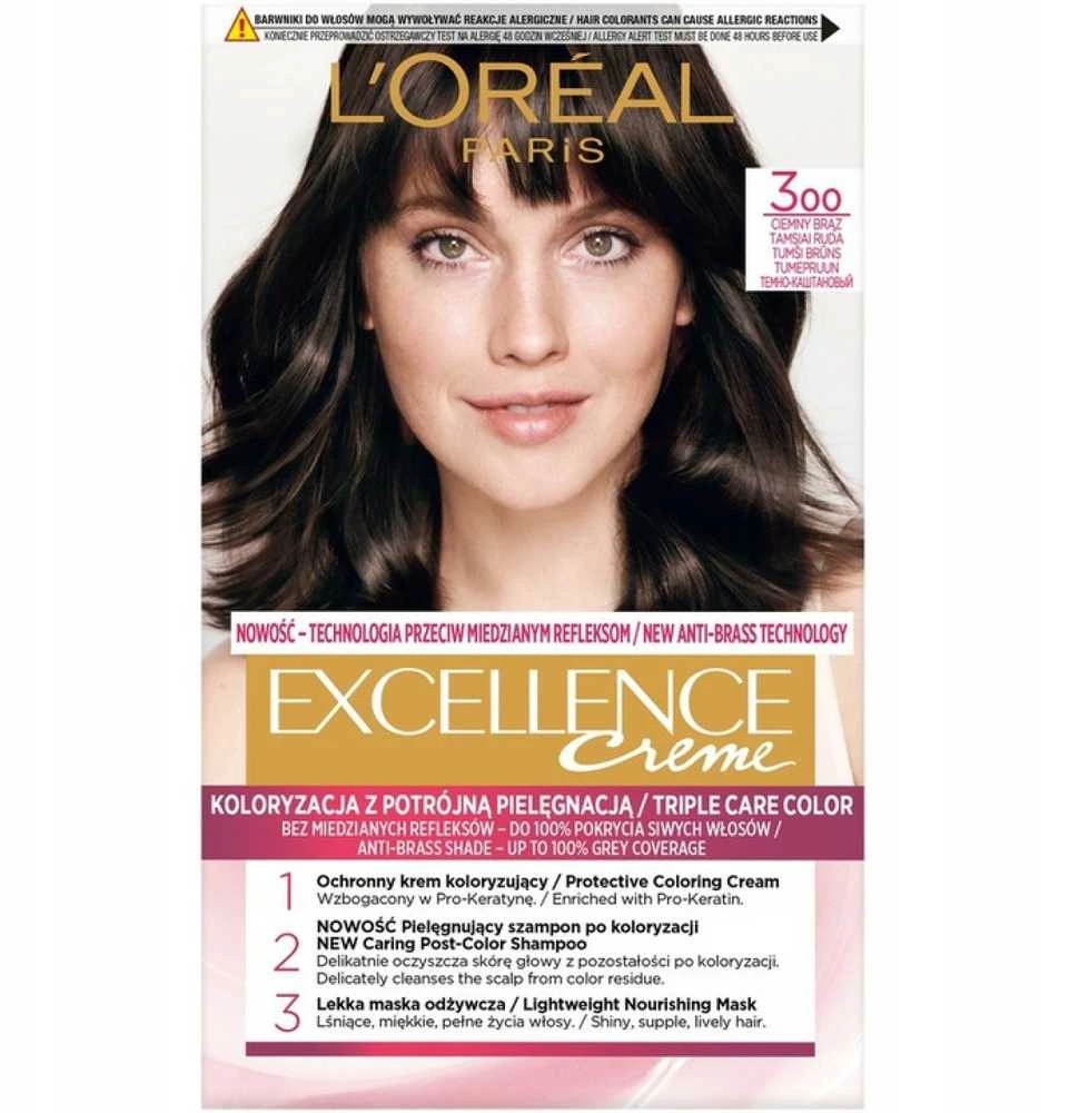 L'Oreal Excellence Creme 300 tamsiai ruda dažų pakuotė