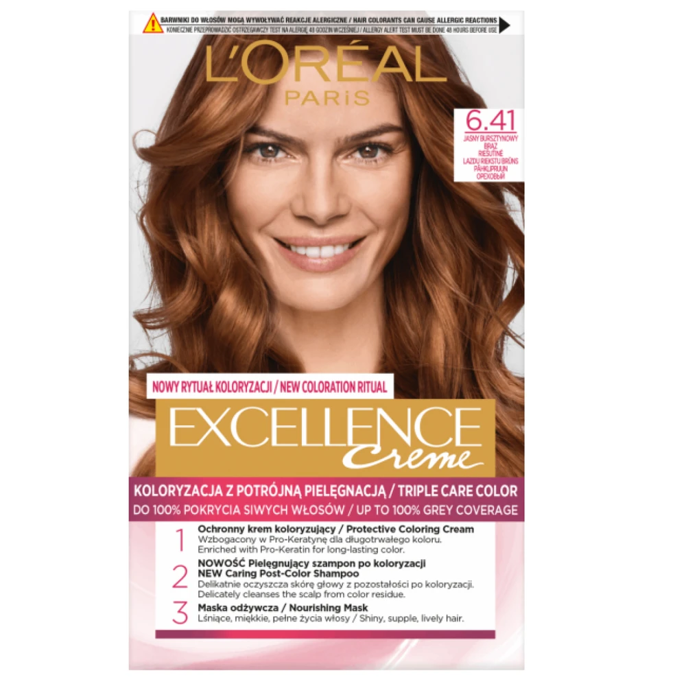 L'Oreal Excellence Creme 6.41 gintaro rudos spalvos pakuotė