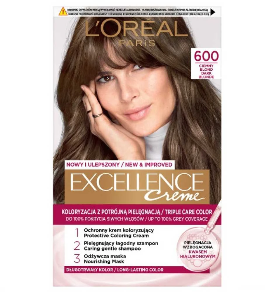 L'Oreal Excellence plaukų dažai 600 Dark Blonde pakuotė