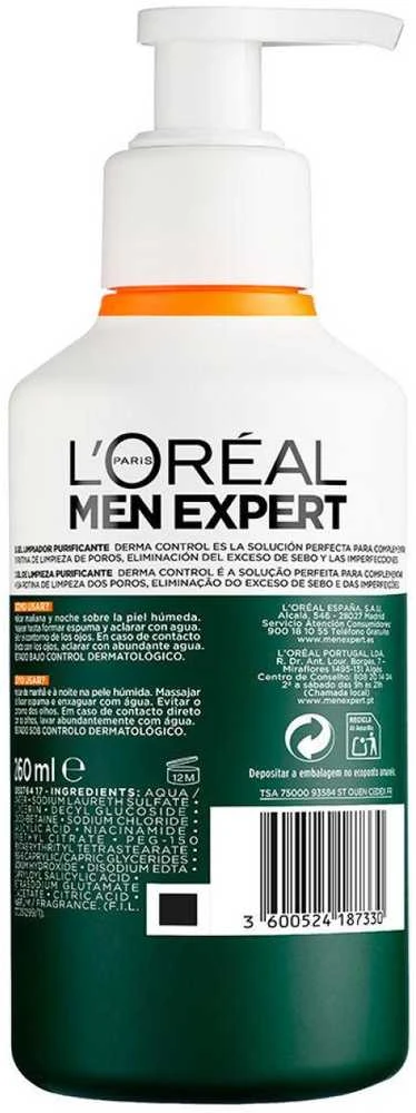 L'Oréal Paris Men Expert Derma Control Purifying Gel Valiklis veido prausiklis, 100 ml