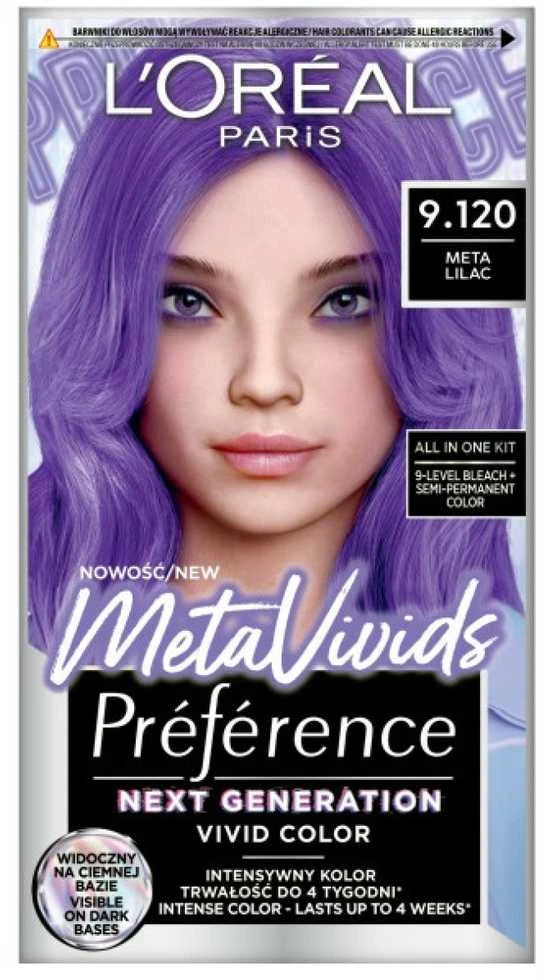 L'Oreal Preference Meta Lilac dažų pakuotė su modeliu