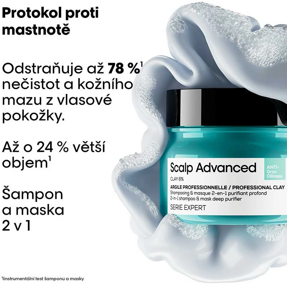 Valomoji kaukė - šampūnas riebiai galvos odai L'oreal Professionnel Scalp Advanced Anti-Oiliness 2-In-1 Deep Purifier Clay 250ml