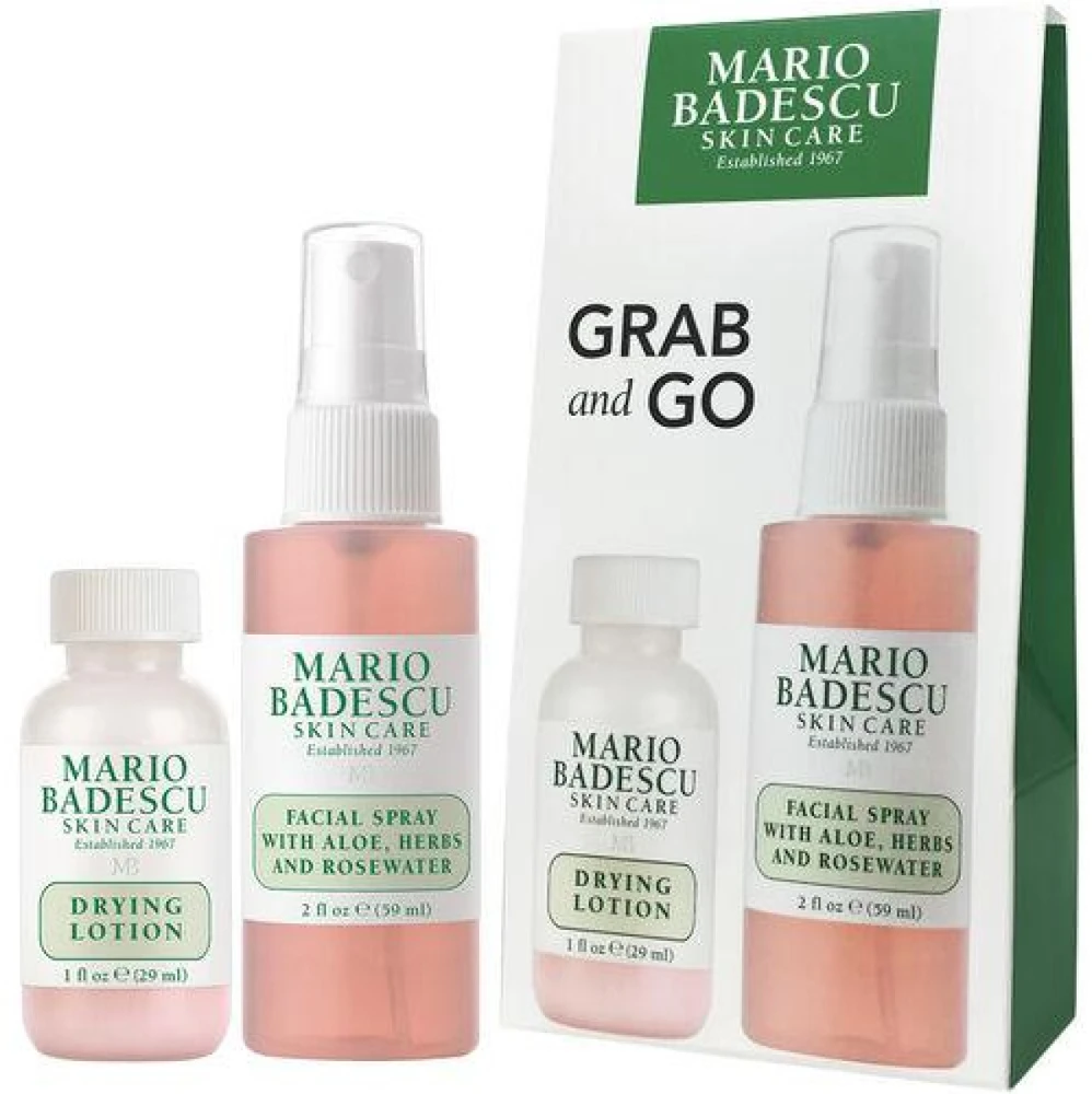 Mario Badescu Grab And Go Set veido priežiūros rinkinys (sausinantis losjonas spuogams, 29 ml + veido purškiklis, 59 ml)