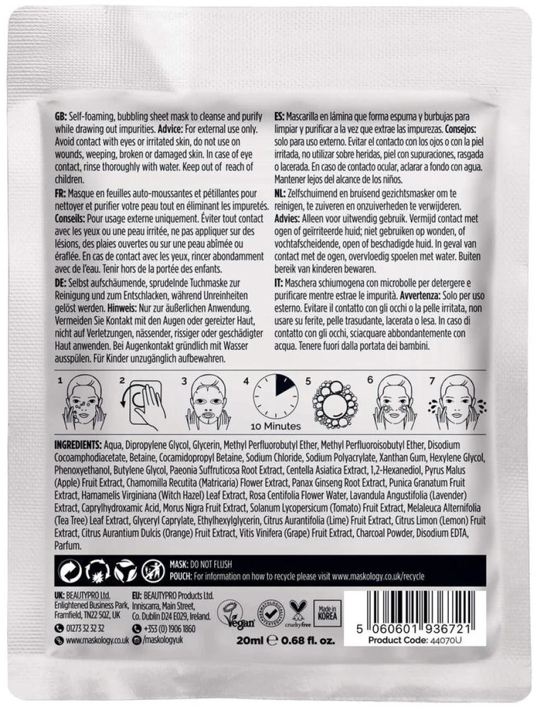 maskology DETOXIFYING Professional Sheet Mask valomoji lakštinė veido kaukė, 20 ml