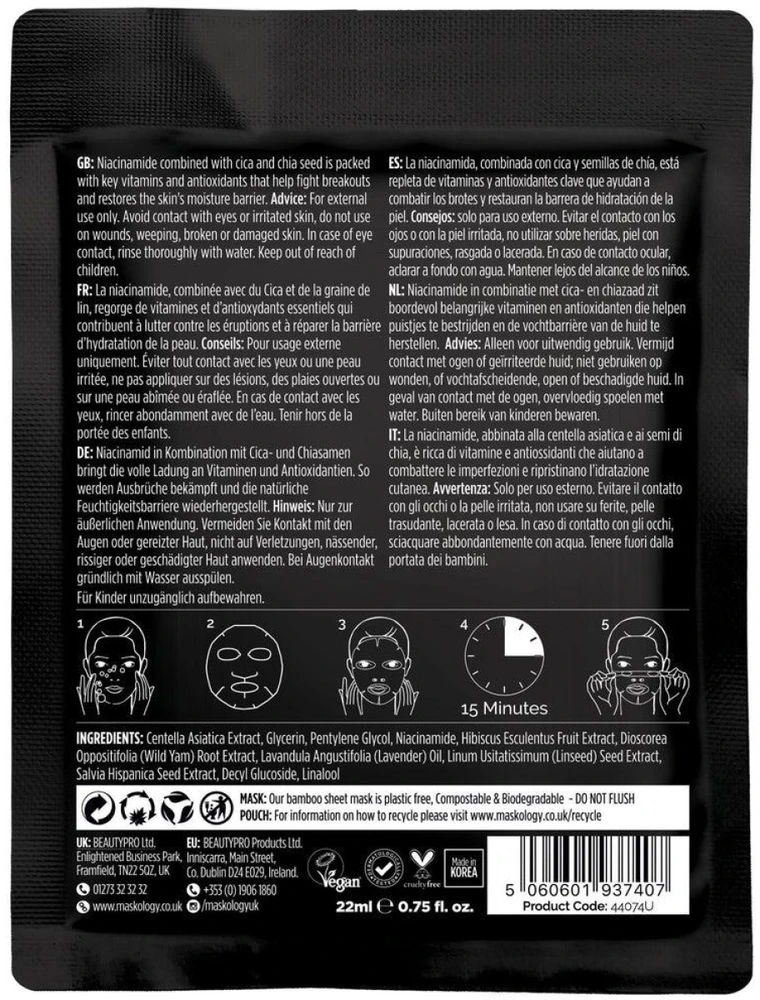 maskology NIACINAMIDE Professional Sheet Mask lakštinė veido kaukė su niacinamidu, 22 ml