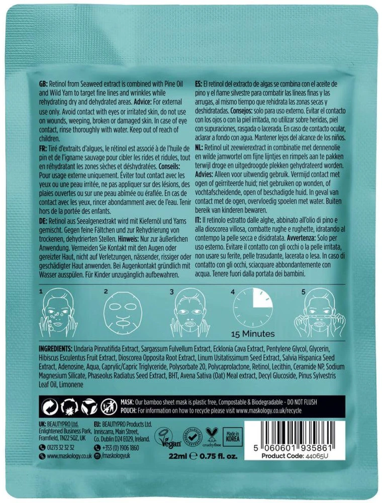 maskology RETINOL Professional Sheet Mask lakštinė veido kaukė su retinoliu, 22 ml