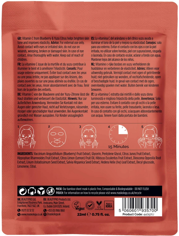maskology VITAMIN-C Professional Sheet Mask lakštinė veido kaukė su vitaminu C, 22 ml