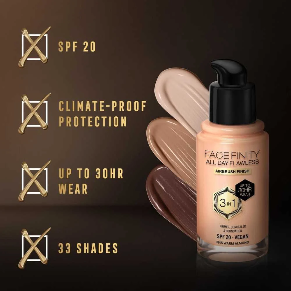 Max Factor Facefinity All Day Flawless makiažo pagrindas moterims 30 ml, spalva: N45 Warm Almond