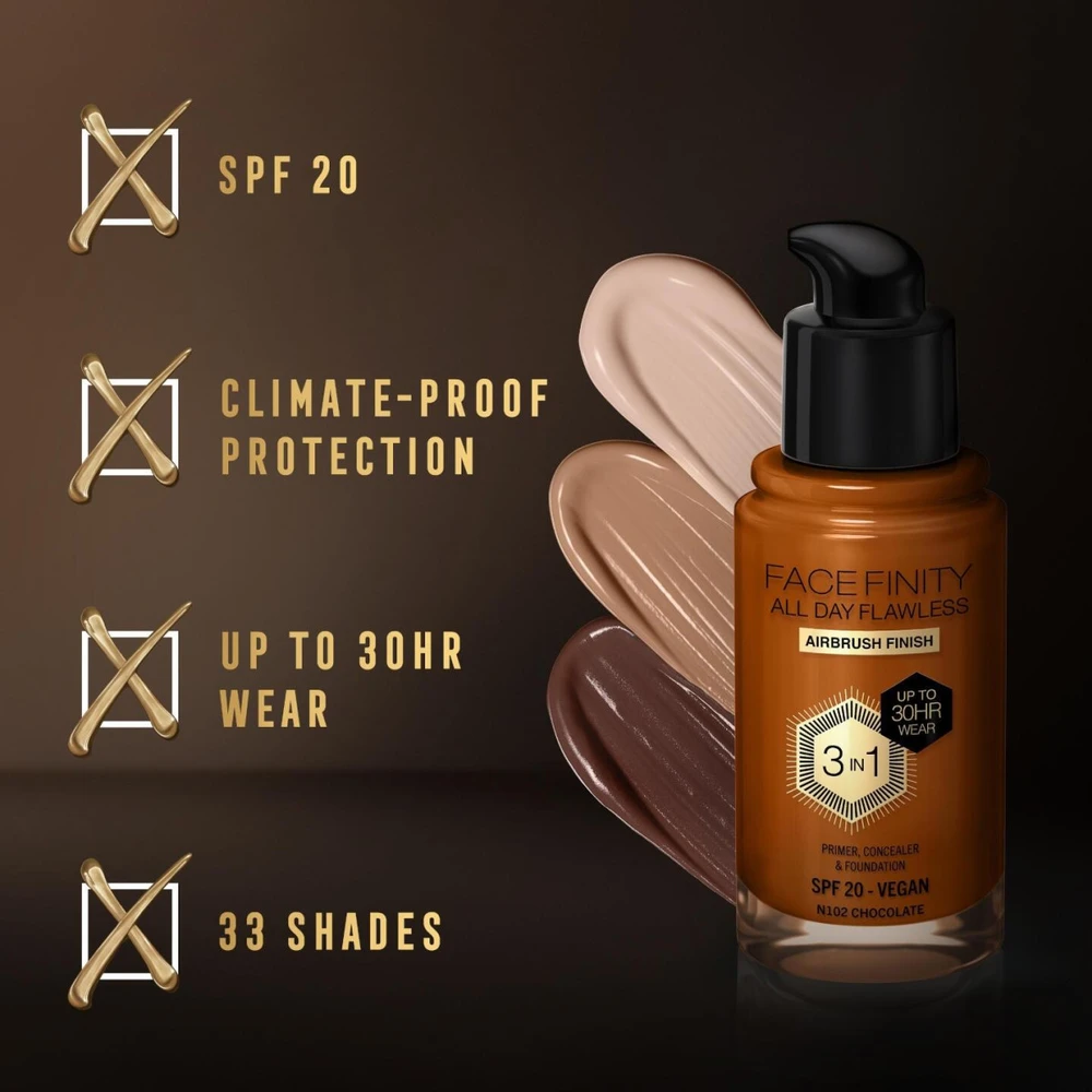 Max Factor Facefinity All Day Flawless makiažo pagrindas moterims 30 ml, spalva: N102 Chocolate