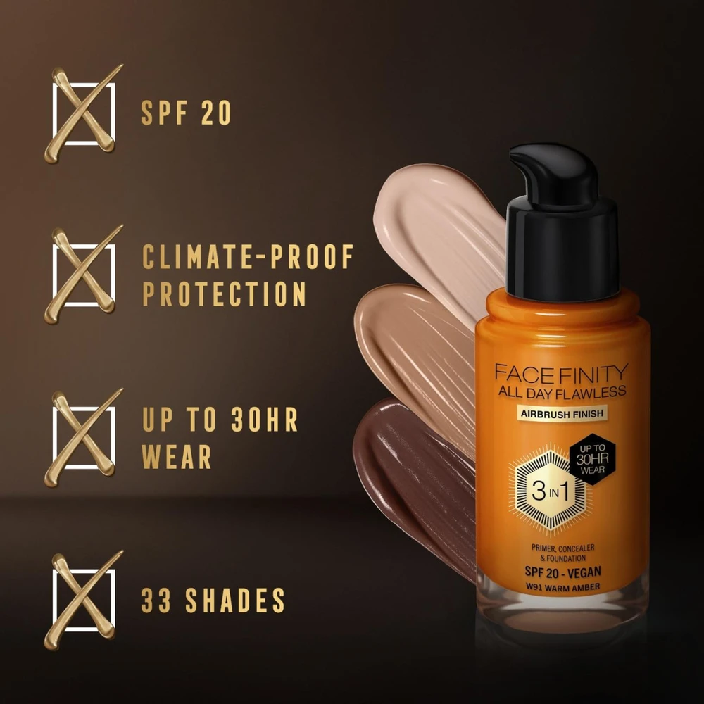 Max Factor Facefinity All Day Flawless makiažo pagrindas moterims 30 ml, spalva: W91 Warm Amber
