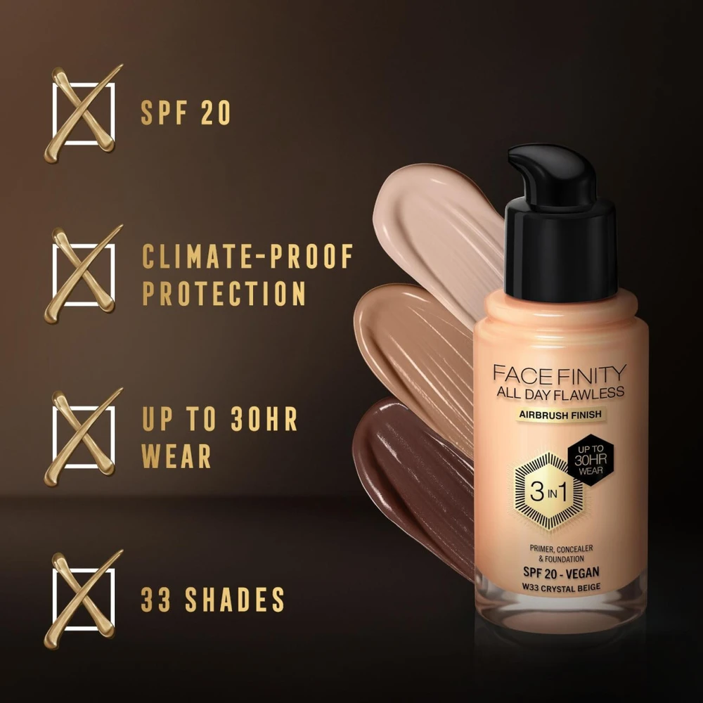 Max Factor Facefinity All Day Flawless makiažo pagrindas moterims 30 ml, spalva: W33 Crystal Beige
