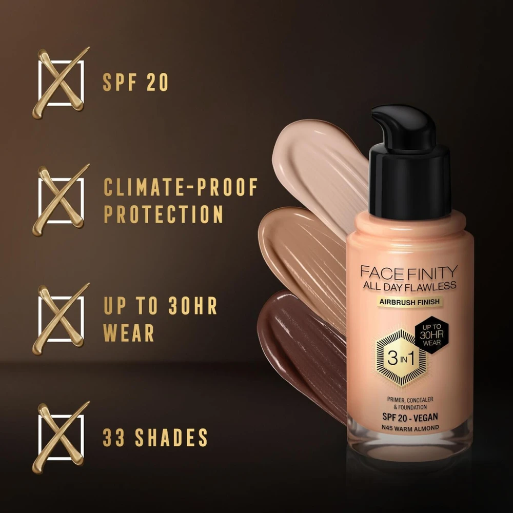 Max Factor Facefinity All Day Flawless makiažo pagrindas moterims 30 ml, spalva: N45 Warm Almond