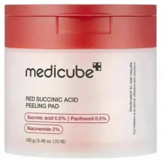 Medicube Red Succinic Acid Peeling Pad Šveičiamieji padeliai probleminei veido odai su gintaro rūgštimi, 70 vnt