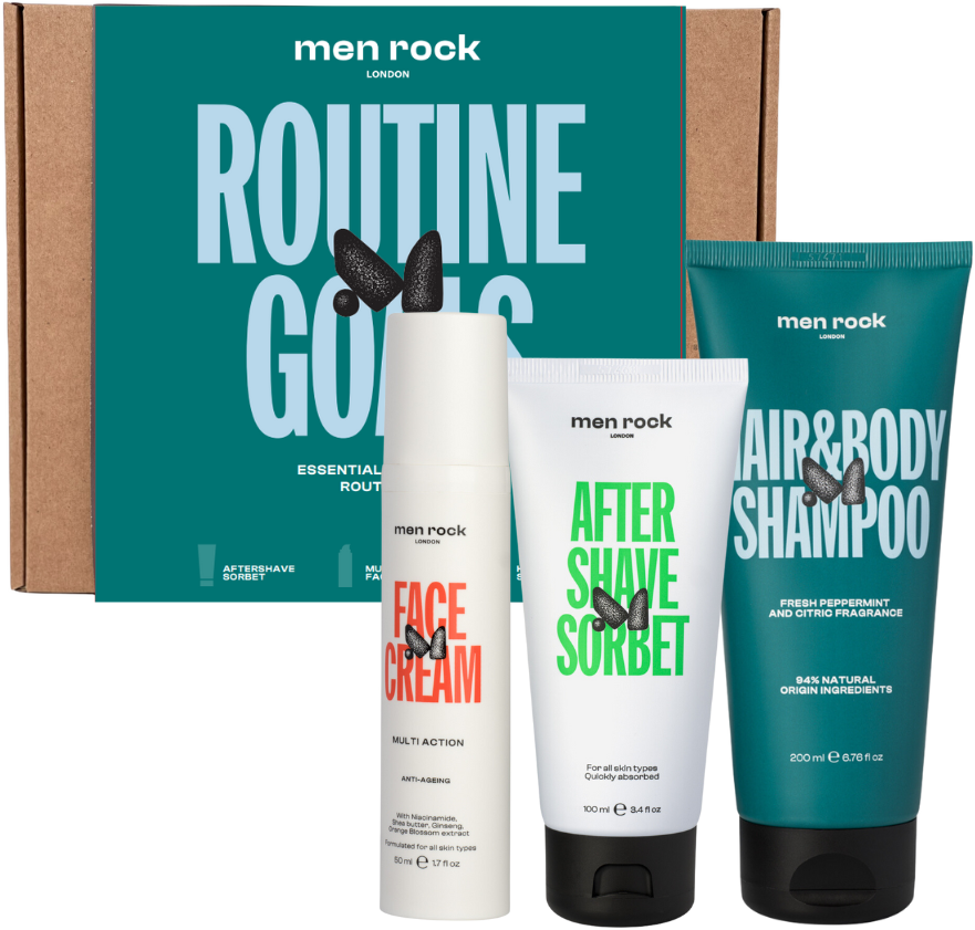 Men Rock ROUTINE GOALS Essential Grooming Routine Kit Plaukų ir odos priežiūros priemonių rinkinys vyrams, 1vnt