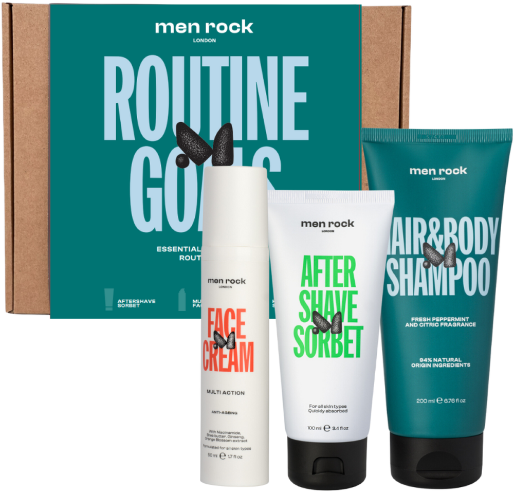 Men Rock ROUTINE GOALS Essential Grooming Routine Kit Plaukų ir odos priežiūros priemonių rinkinys vyrams, 1vnt
