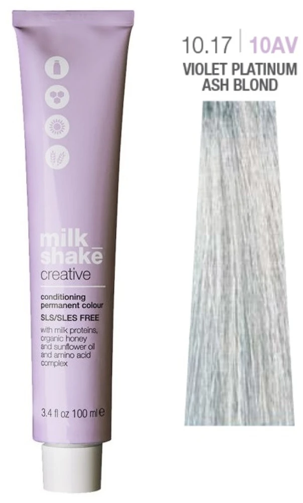 „Milk Shake Creative“ ilgalaikiai plaukų dažai be SLS/SLES 10.1710AV violetinė platininė pelenų blondinė, 100 ml